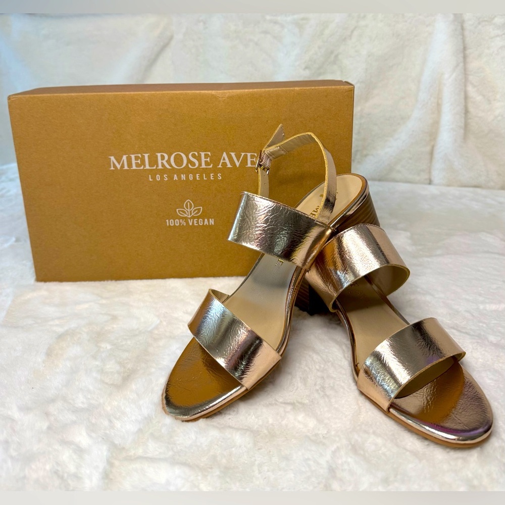 Melrose Ave. Los Angeles 100% Vegan, Rose Gold Metallic, 2” Heel, Strap Sandals